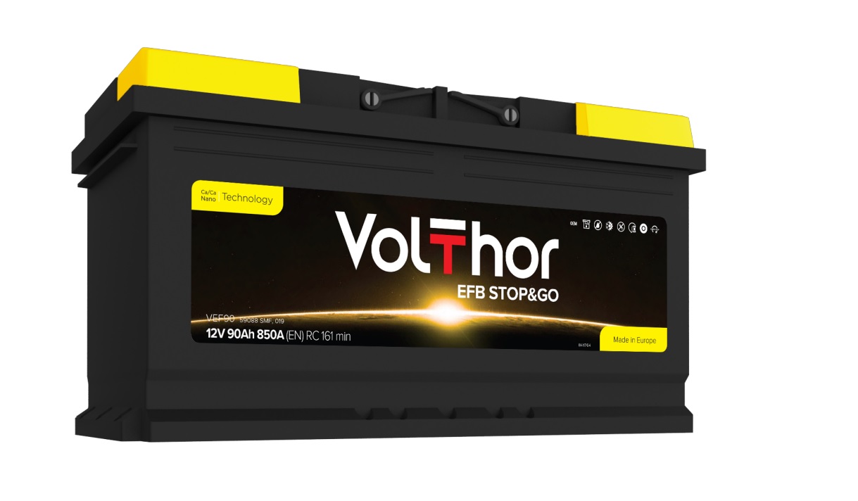 Акумулятор легковий VOLTHOR 6СТ-90(0) (850А) EFB STOP&GO 12B, 90Ah, 850A, плюс зправа (R+) EFB 353X175X190 мм